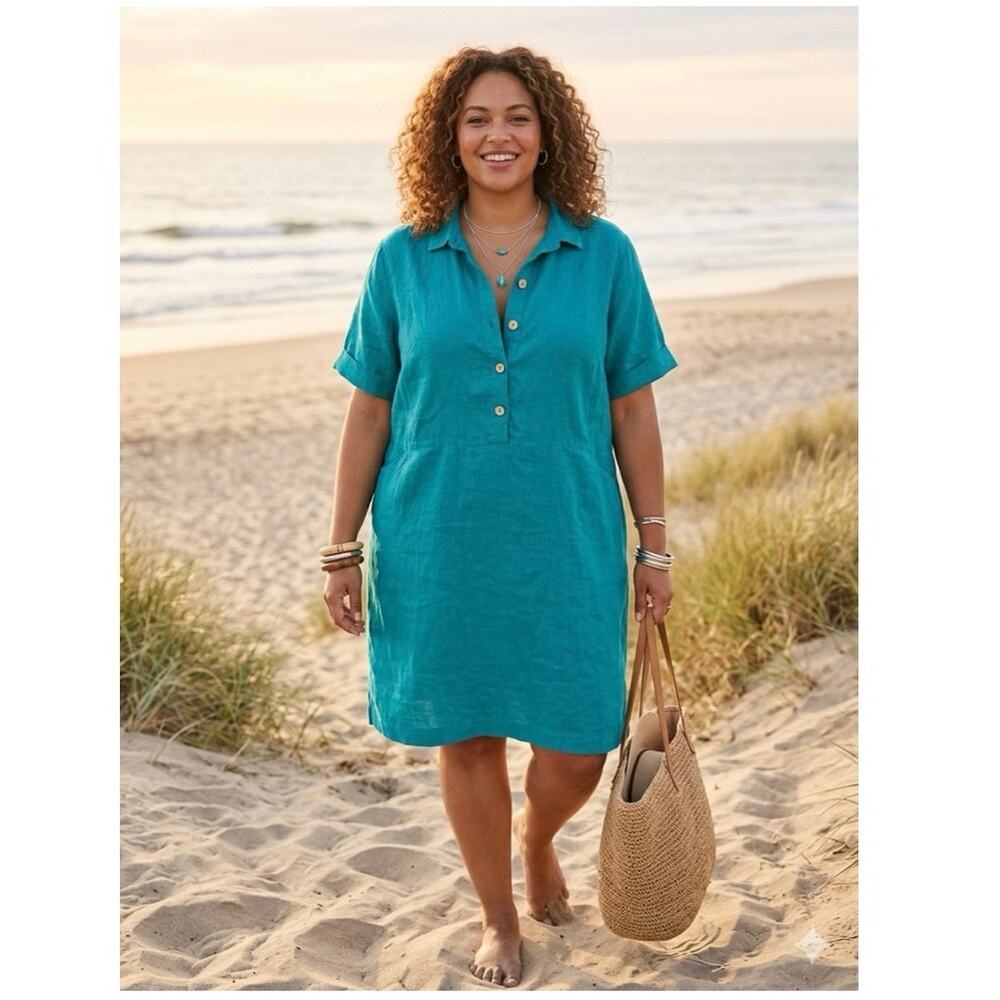 J Jill PureJill 100% Linen Dress 2X Plus TealBlue Shift Shirt Dress Popover Boho
